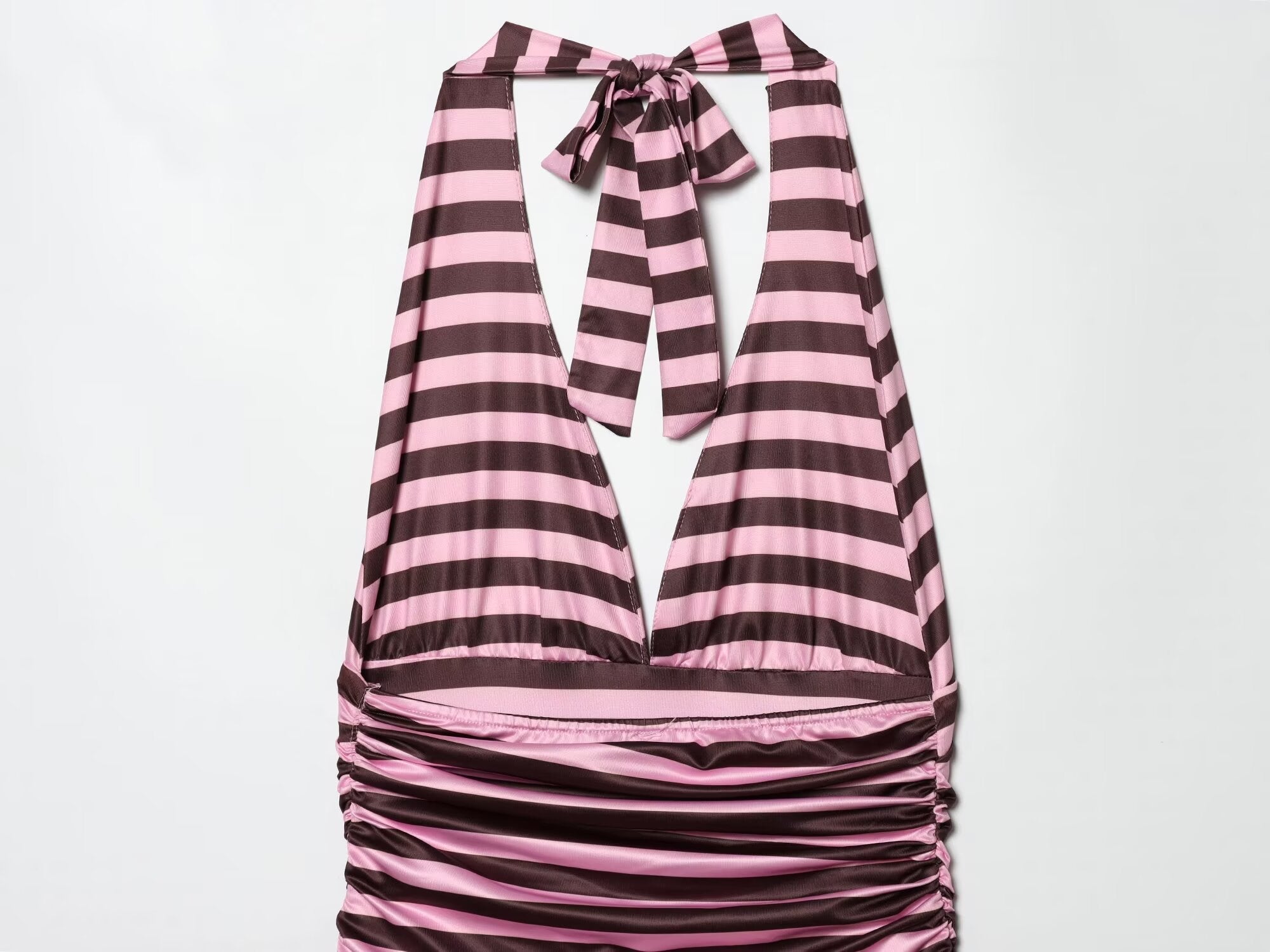 Women's striped pleated V-neck halter neck dress