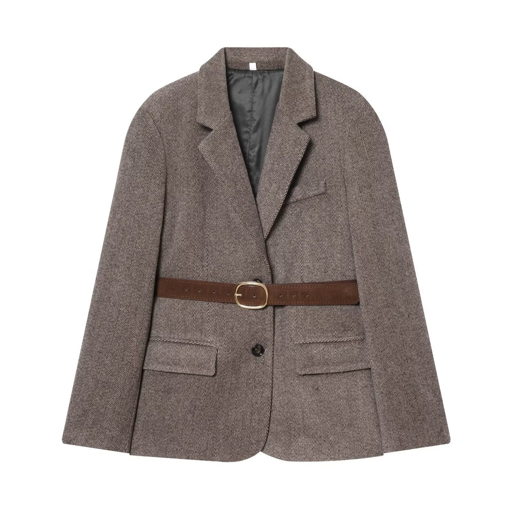 Women's with Belt herringbone diagonal Blazer Coat