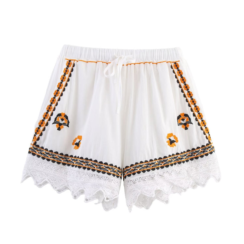 suit Women's 2 pieces casual embroidered V-neck shirt+Shorts