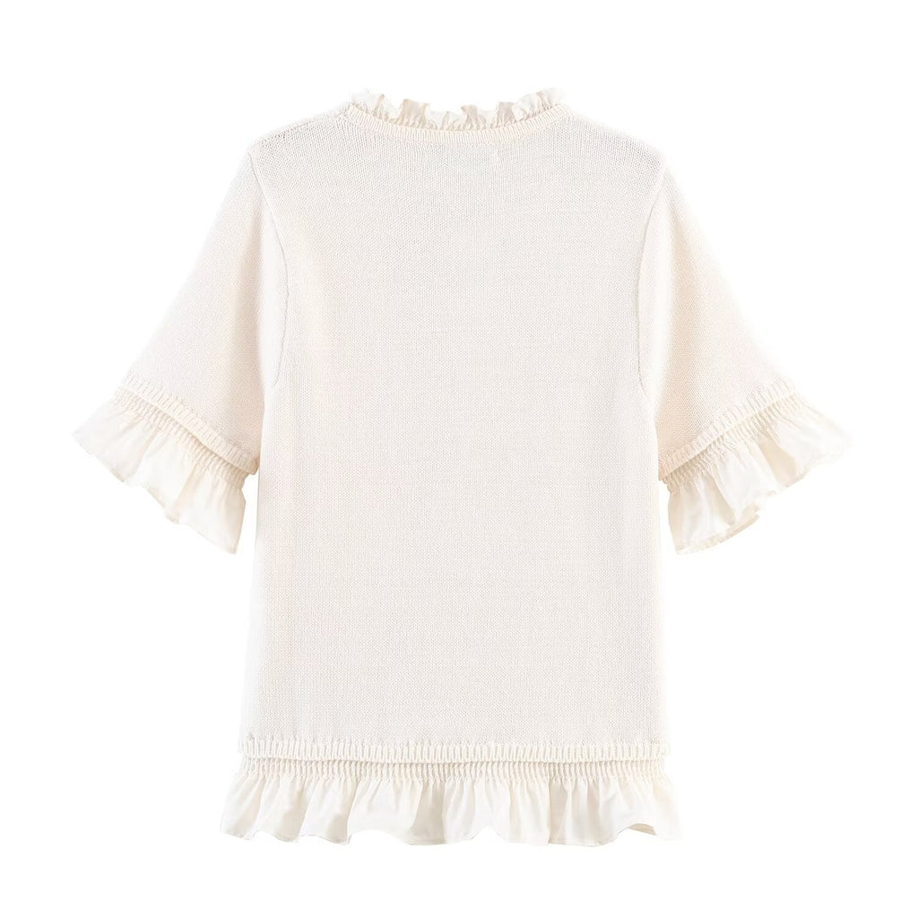 Women's O-Neck short sleeved patchwork knit shirt