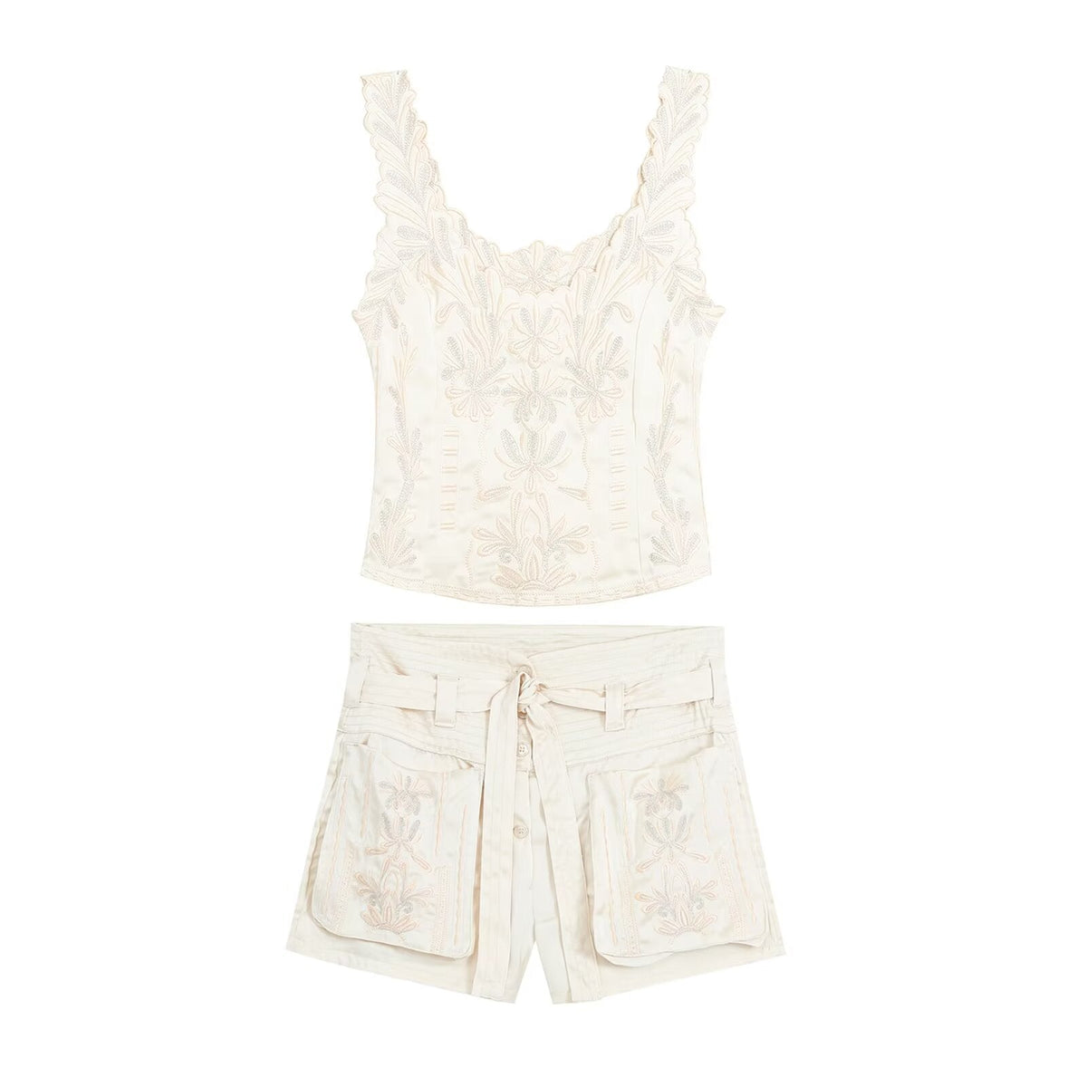 suit Women's 2 pieces embroidered vest style top+Shorts
