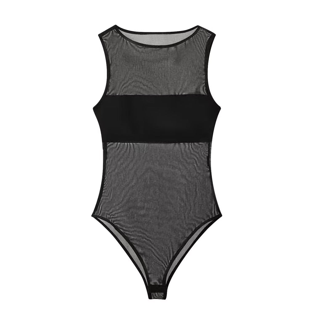 Women's sexy patchwork tulle bodysuit