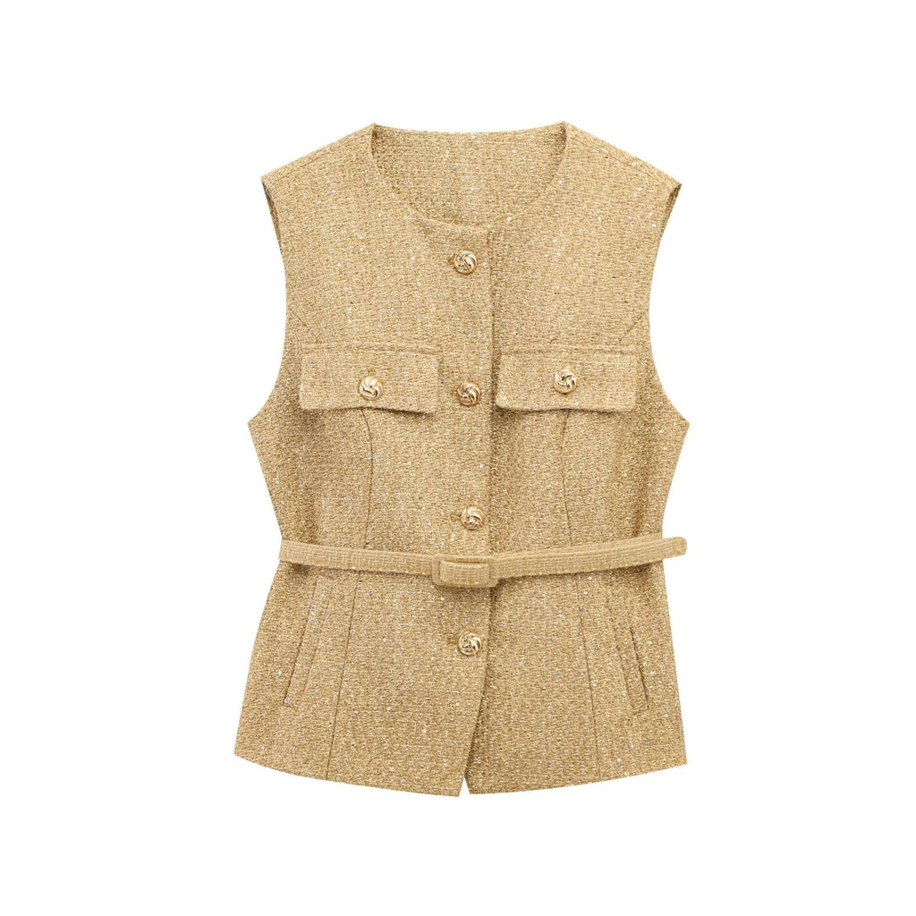 Women's with Belt bead decoration textured vest