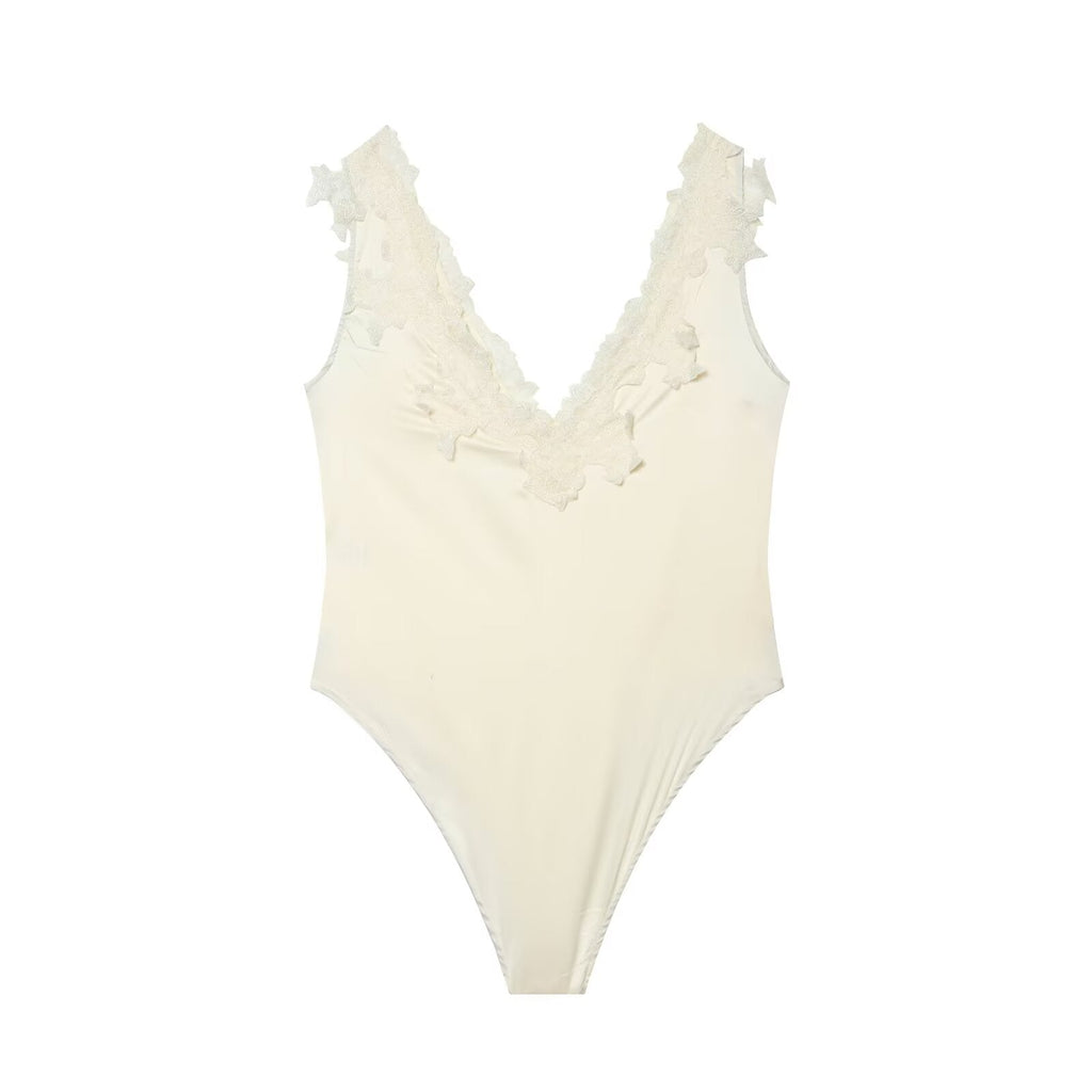 Women's lace decorated satin textured bodysuit