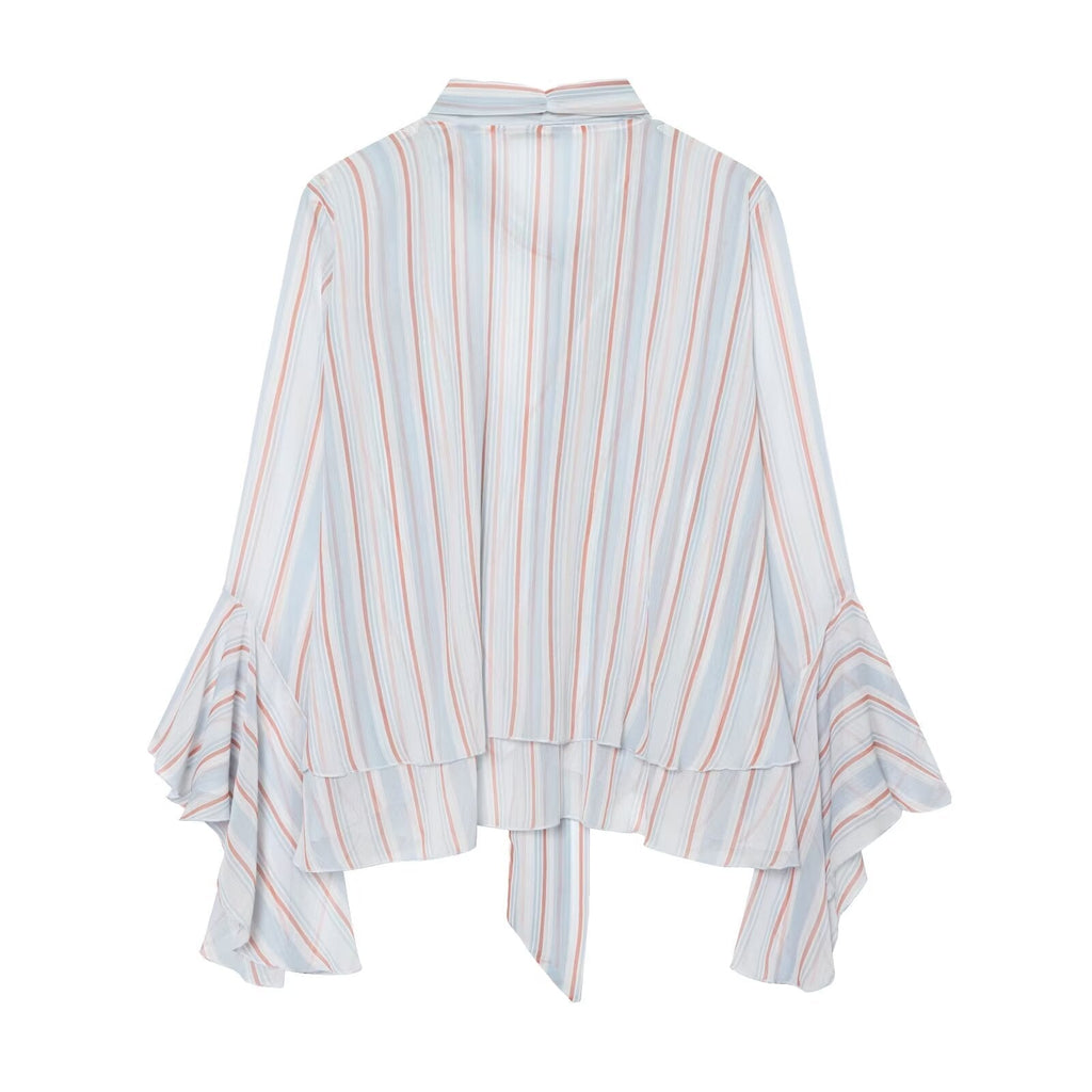 Women's striped ruffle edge ribbon top