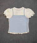 Women's new casual bubble sleeve fake two-piece short-sleeved T-shirt