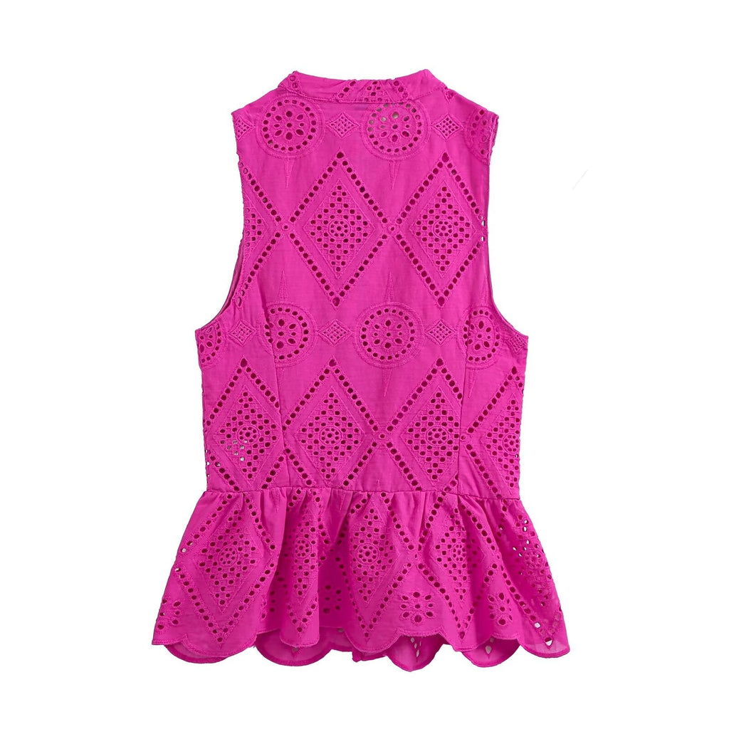 Women's short skirt style hemline hollowed out embroidery top