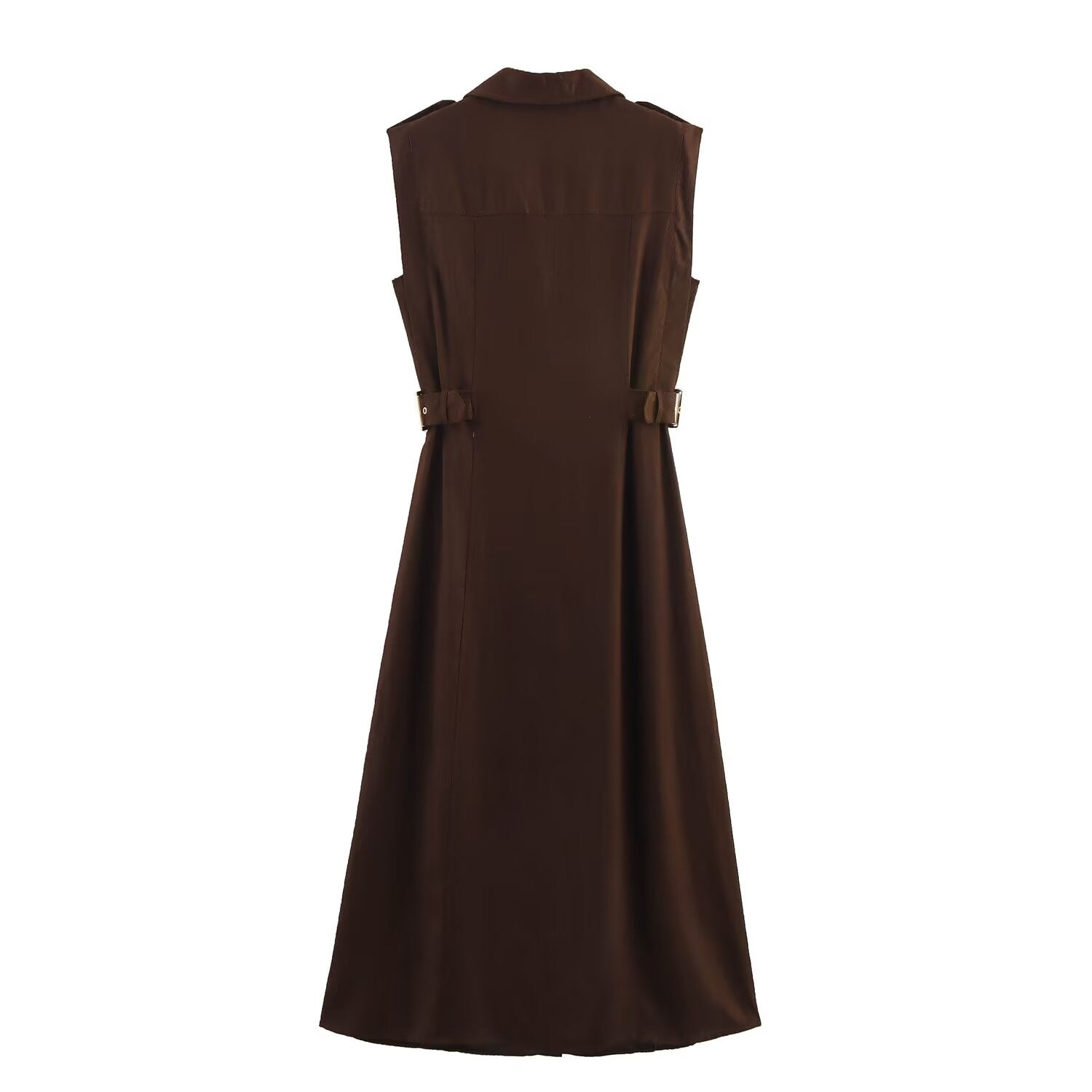 Women's new chic fashion flip decoration casual single breasted linen blended MIDI dress retro sleeveless women's dress