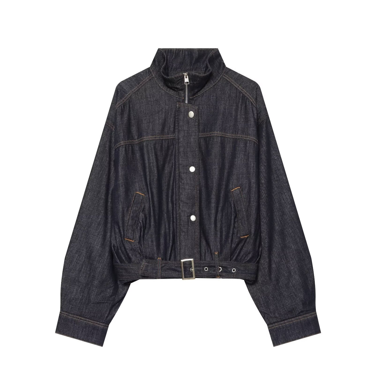 Women's waist belt decoration stand collar denim Coat