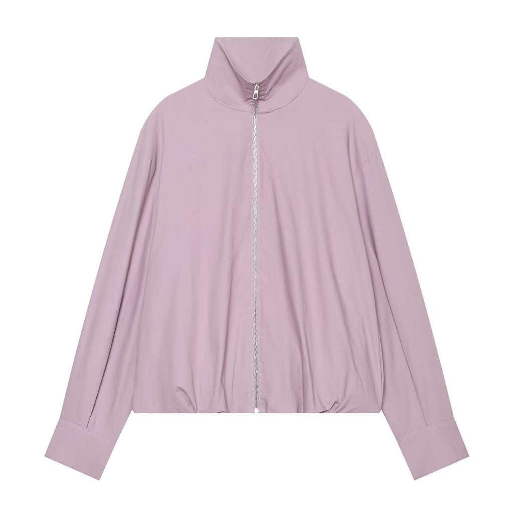 Women's pleated design stand collar zipper Coat