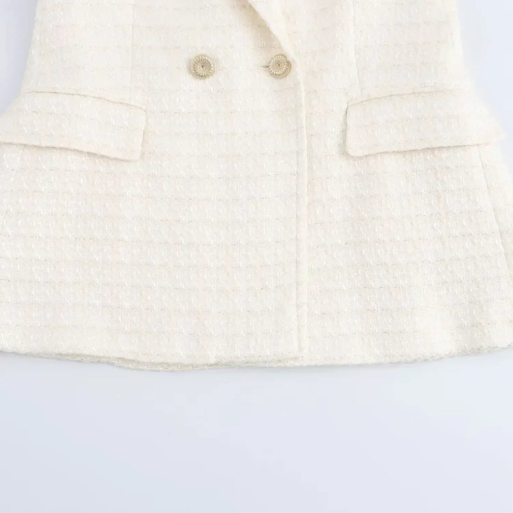Ladies' new fashion Flip decoration slim double breasted Tweed Check textured suit coat retro long sleeved women's coat chic top