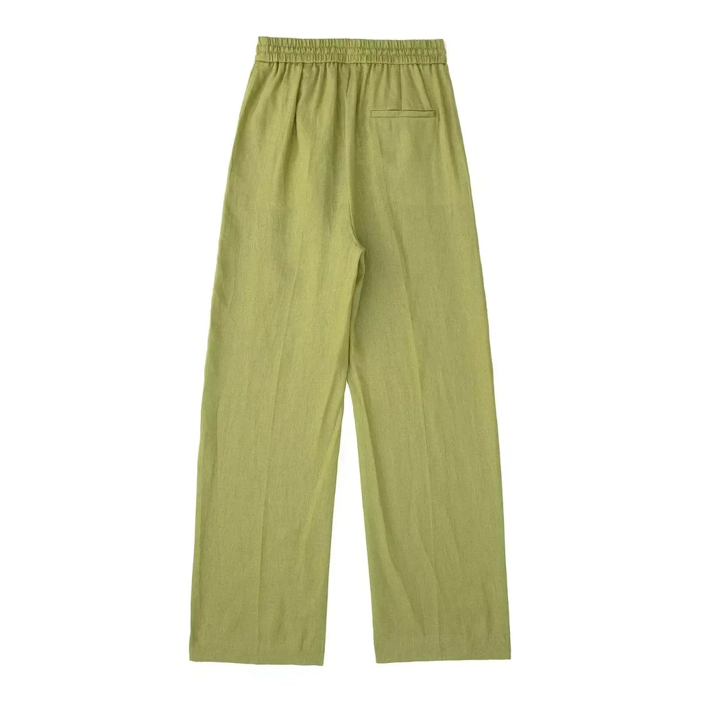 Women's New Chic Fashion Loose Side Pocket Linen Blended Wide Leg Pants Retro Elastic Waist Drawstring Women's Pants Mujer