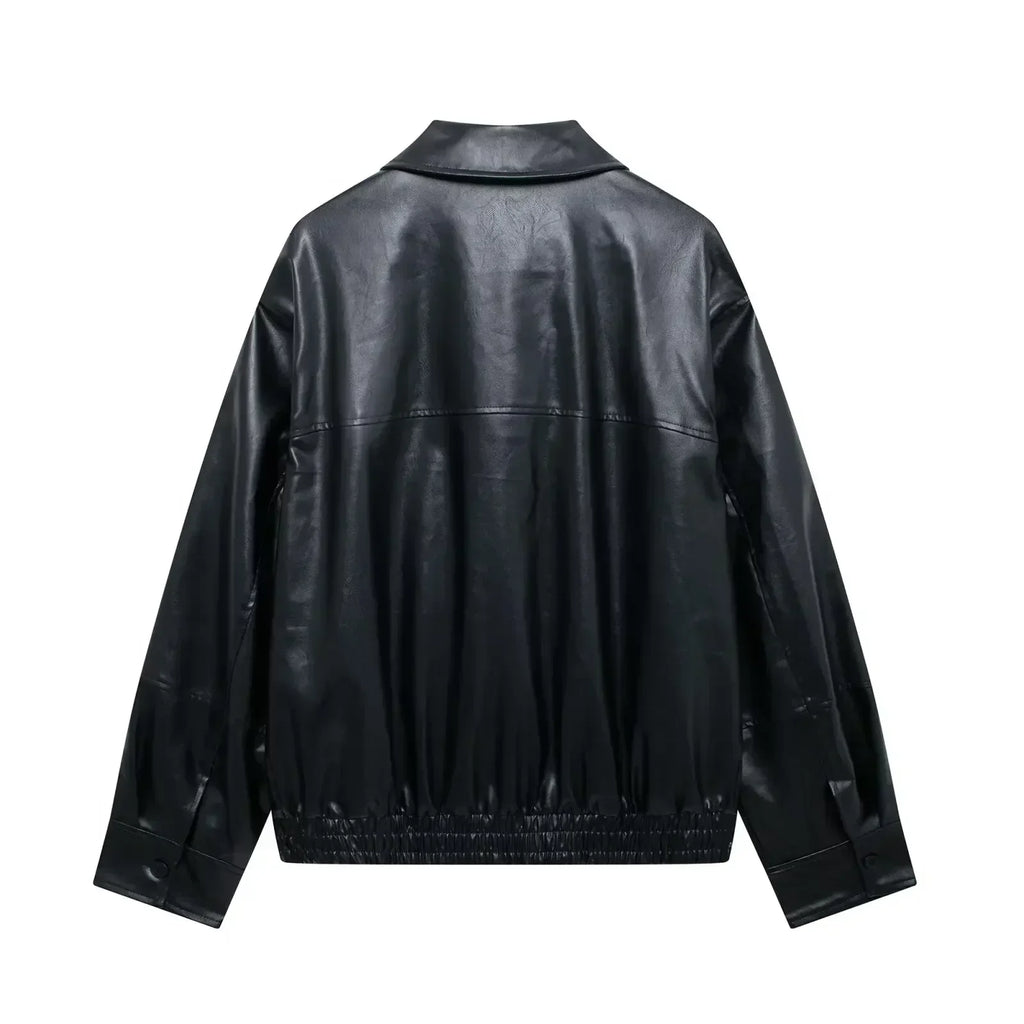 Women's 2024 New Fashion Casual Side Pocket Solid Lapel Faux Leather Jacket Coat Retro Long Sleeve Zipper Women's Coat Chic Top