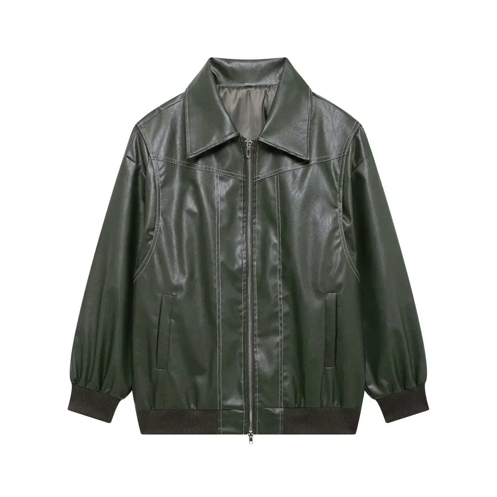 Women's new Fashion loose side pocket casual imitation leather jacket coat retro lapel long sleeved women's coat chic top