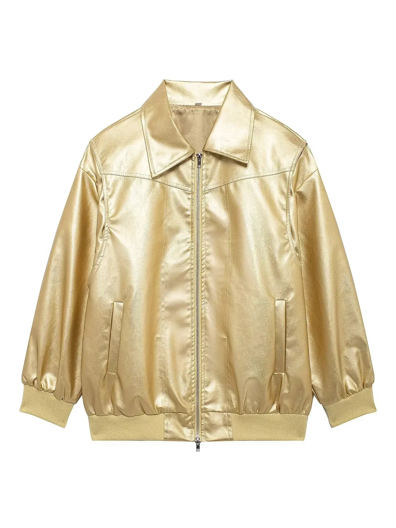 Women's new Fashion loose side pocket casual imitation leather jacket coat retro lapel long sleeved women's coat chic top
