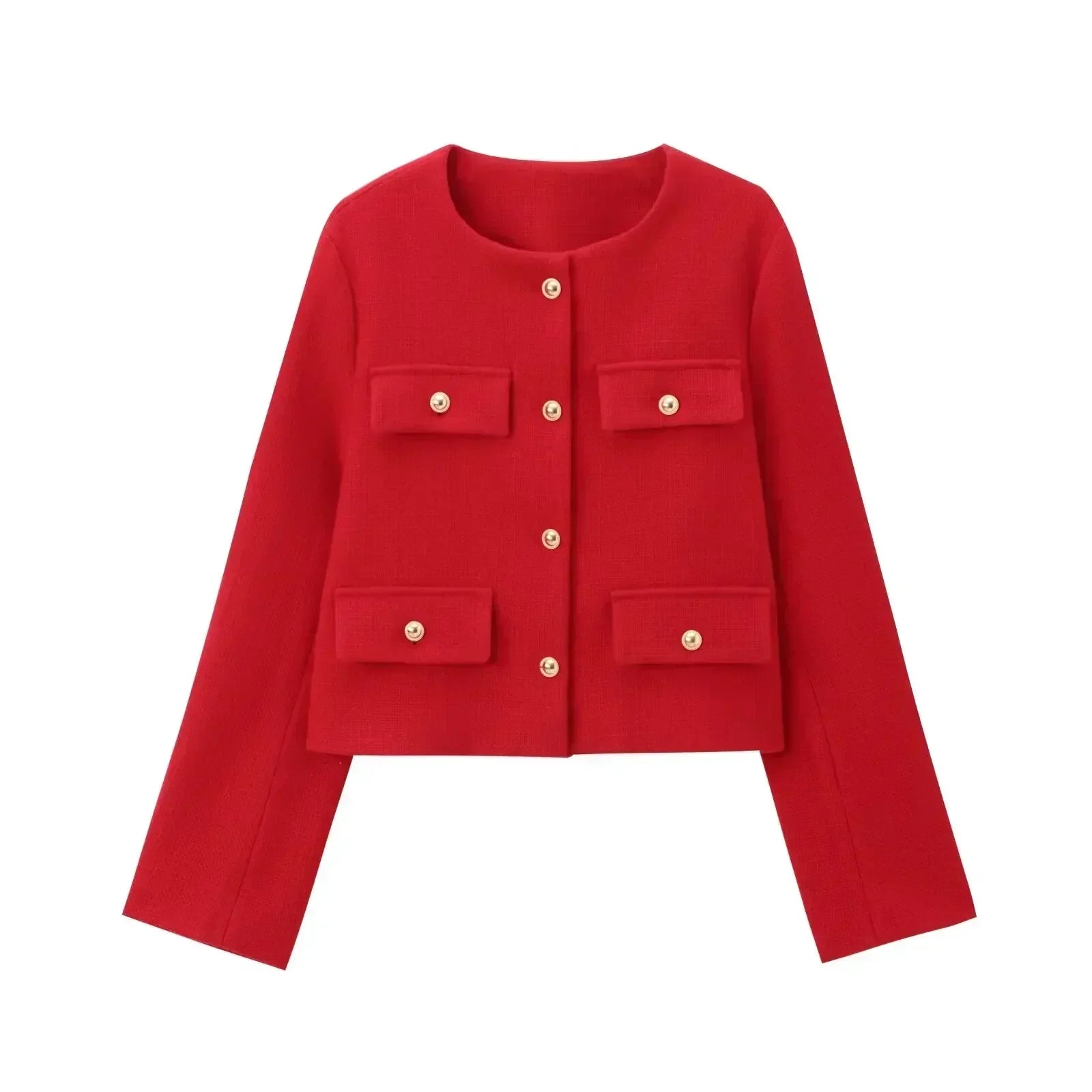 Women's 2024 New Fashion Flip Decoration Short Texture O Neck Suit Coat Vintage Long sleeved Button up Women's Coat Chic Top