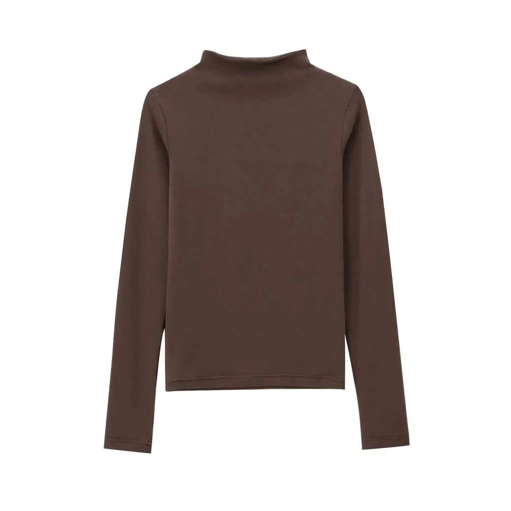 Women's new fashion elastic slim versatile cotton T-shirt top retro half high neck long sleeved women's pullover shirt chic top