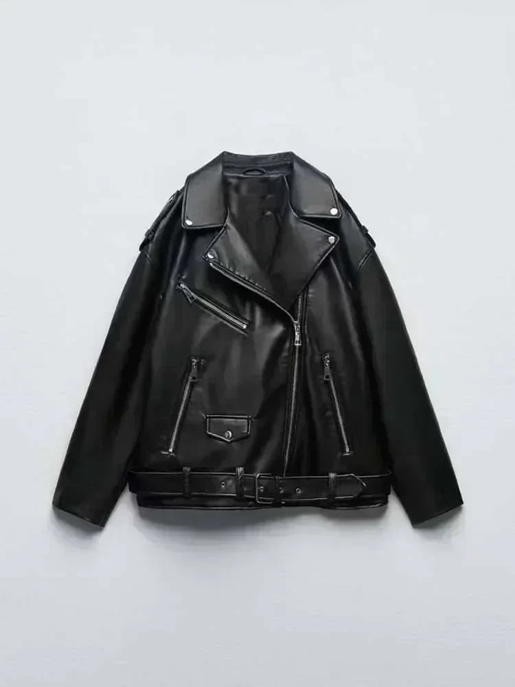 Women 2023 New Fashion With belt Loose Faux leather Locomotive style Jacket Coat Vintage Long Sleeve Female Outerwear Chic