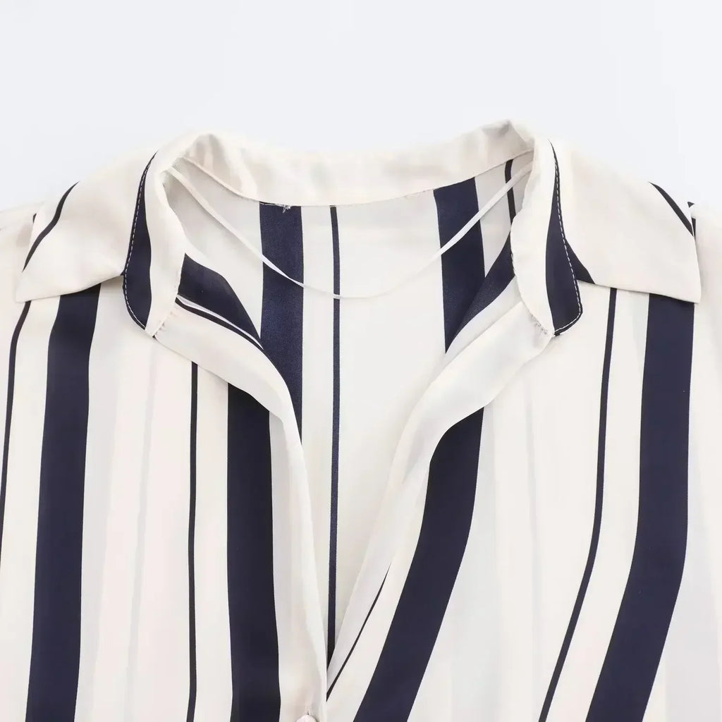 Women's new fashion loose printed striped shirt casual single breasted satin shirt retro long sleeved women's shirt chic top