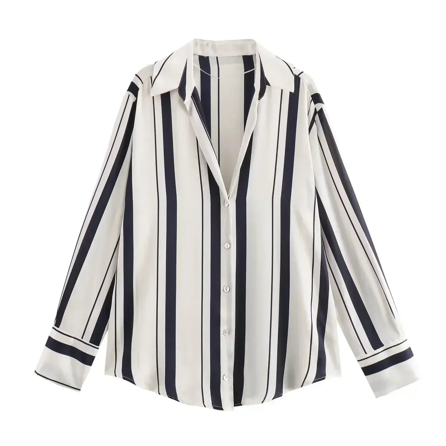 Women's new fashion loose printed striped shirt casual single breasted satin shirt retro long sleeved women's shirt chic top