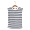 Women's New Fashion Shoulder Cushion Design Loose O Neck Casual Stripe T-shirt Top Retro Sleeveless Women's T-shirt