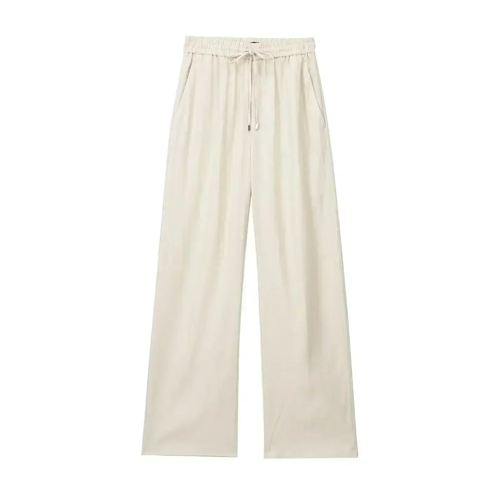Women's New Chic Fashion Loose Side Pocket Linen Blended Wide Leg Pants Retro Elastic Waist Drawstring Women's Pants Mujer