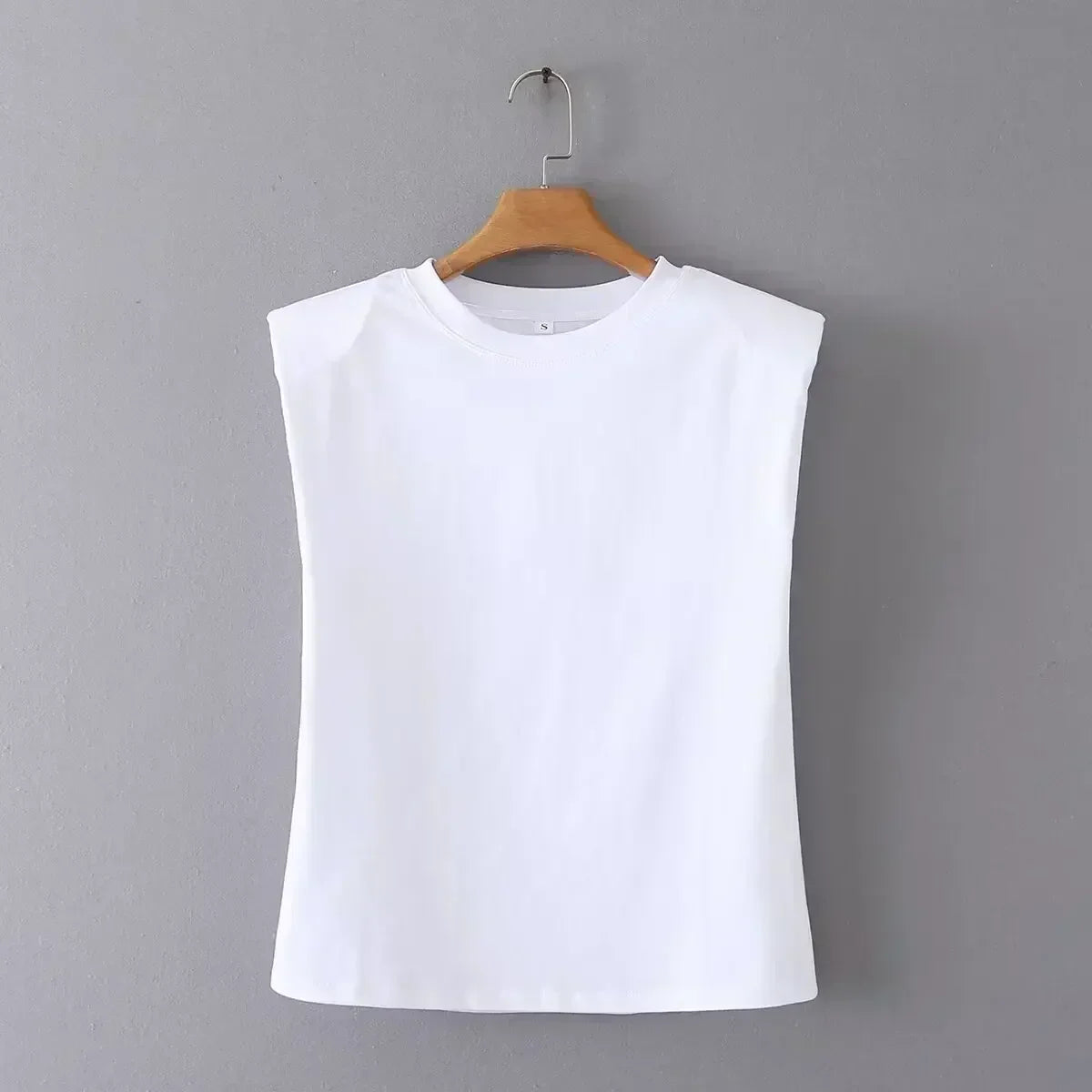 Women's New Fashion Shoulder Cushion Design Loose O Neck Casual Stripe T-shirt Top Retro Sleeveless Women's T-shirt