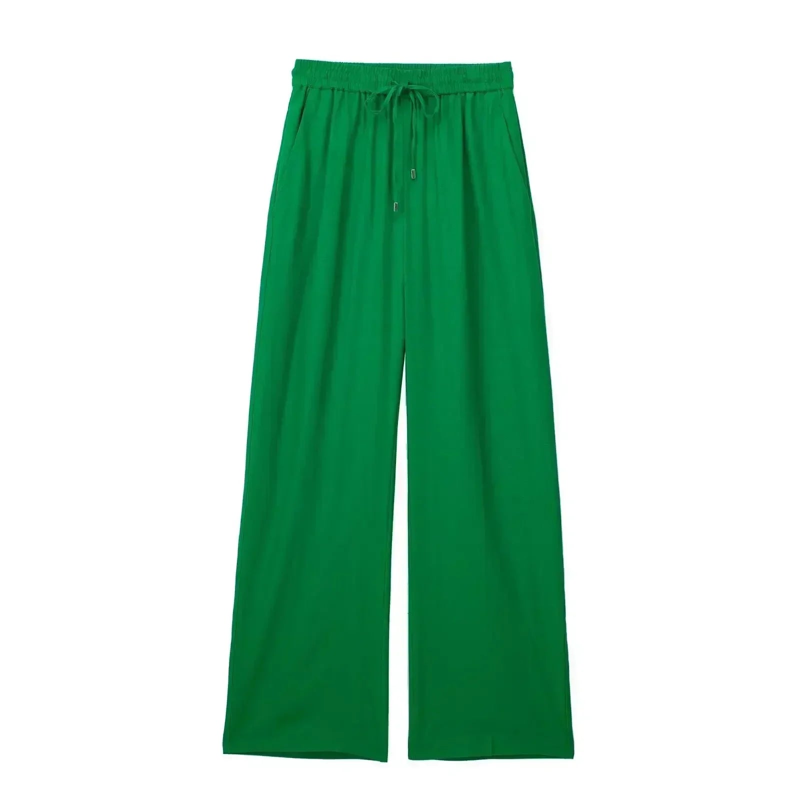 Women's New Chic Fashion Loose Side Pocket Linen Blended Wide Leg Pants Retro Elastic Waist Drawstring Women's Pants Mujer