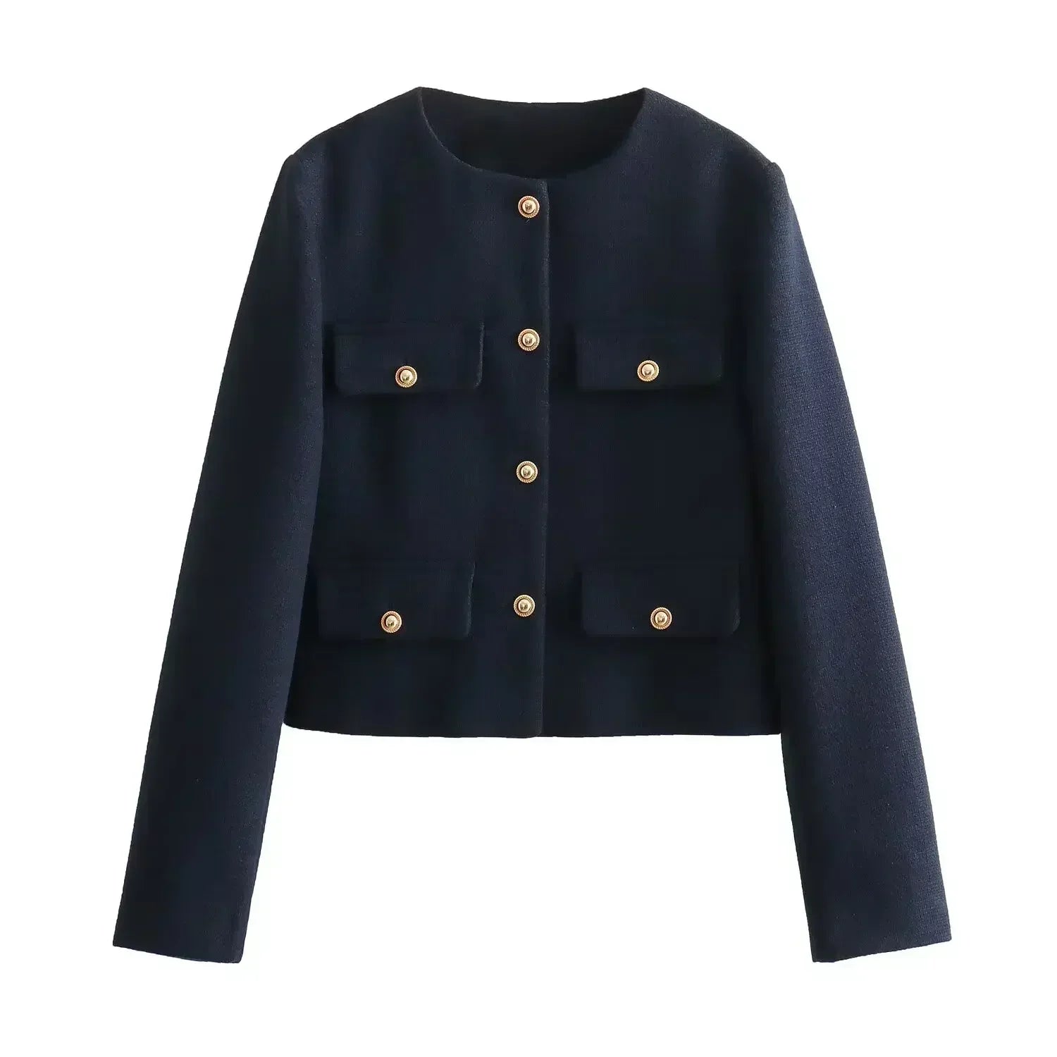 Women's 2024 New Fashion Flip Decoration Short Texture O Neck Suit Coat Vintage Long sleeved Button up Women's Coat Chic Top