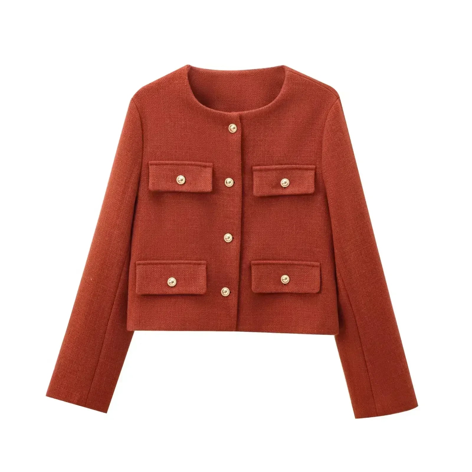 Women's 2024 New Fashion Flip Decoration Short Texture O Neck Suit Coat Vintage Long sleeved Button up Women's Coat Chic Top