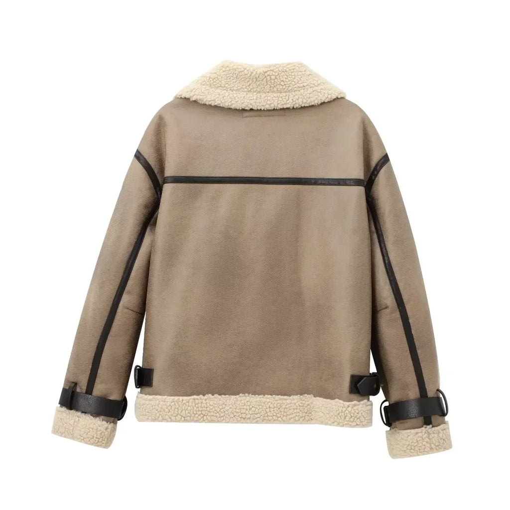Women's 2024 new fashion casual double-sided Fur Faux Leather jacket coat retro long sleeved zipper pocket women's coat chic top