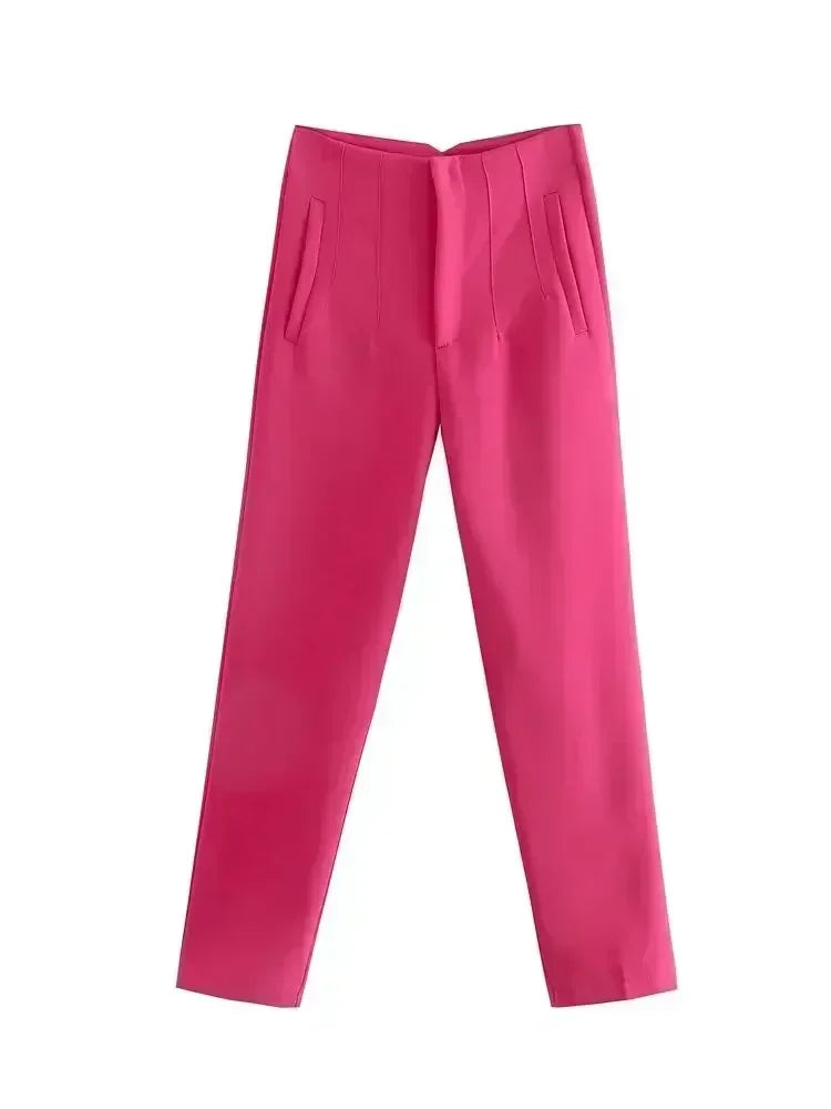 Women's Summer New Chic Fashion Side Pocket Decoration Casual Striped Pants Retro High Rope Zipper Women's Ankle Pants Mujer