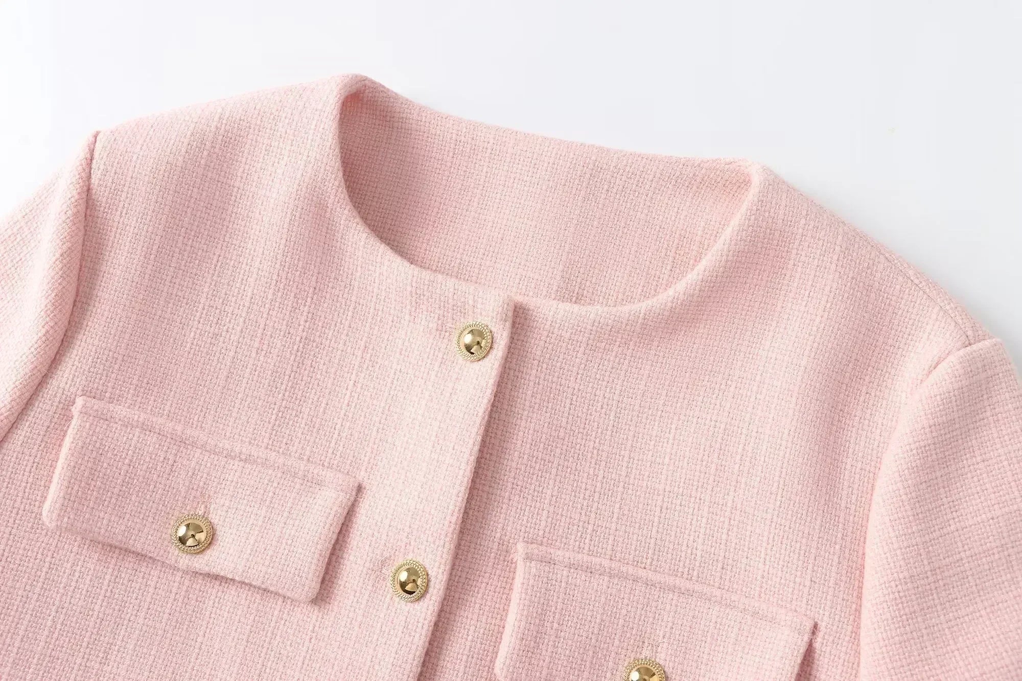 Women's 2024 New Fashion Flip Decoration Short Texture O Neck Suit Coat Vintage Long sleeved Button up Women's Coat Chic Top