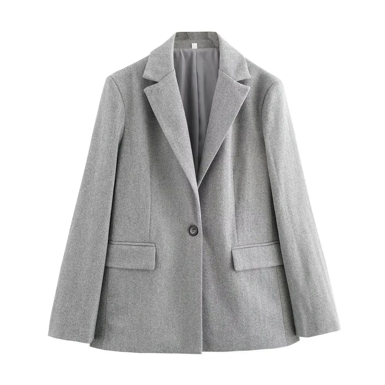 Ladies' 2024 new fashion flip decoration loose herringbone diagonal suit coat retro long sleeved button up women's coat chic top