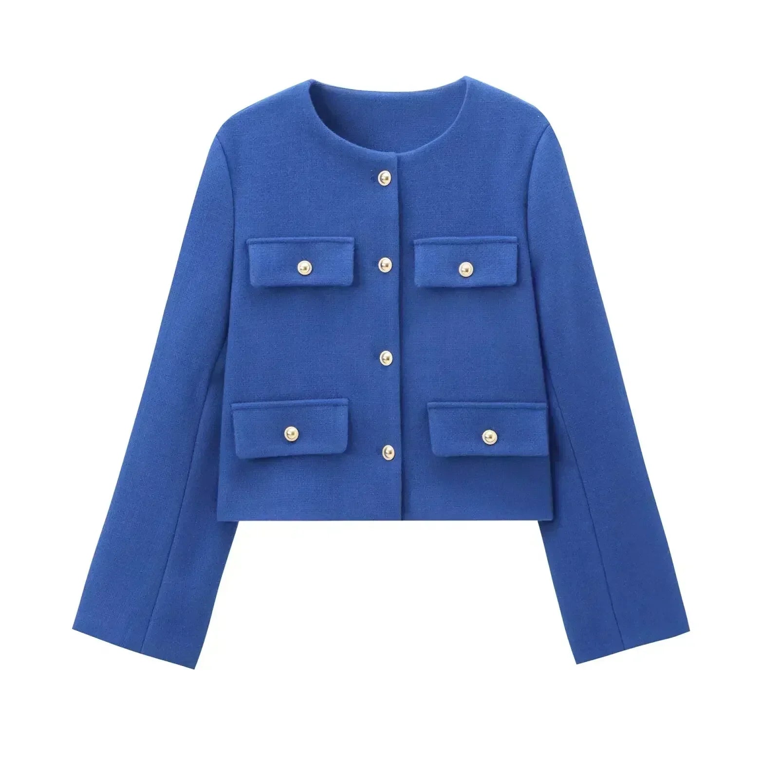 Women's 2024 New Fashion Flip Decoration Short Texture O Neck Suit Coat Vintage Long sleeved Button up Women's Coat Chic Top