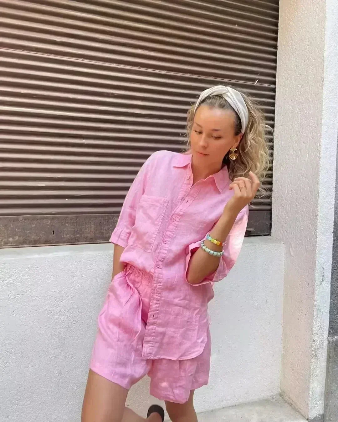Women's new fashion large pocket decoration loose linen blend casual shirt retro short sleeved Button up women's shirt