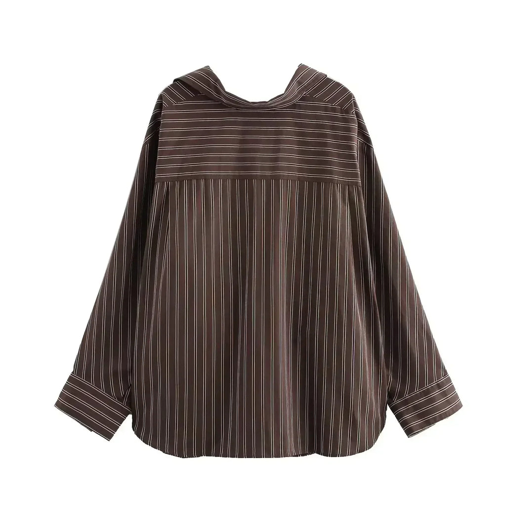 Women's new fashion pleated decoration loose single breasted casual striped shirt retro bat long sleeved women's shirt chic top