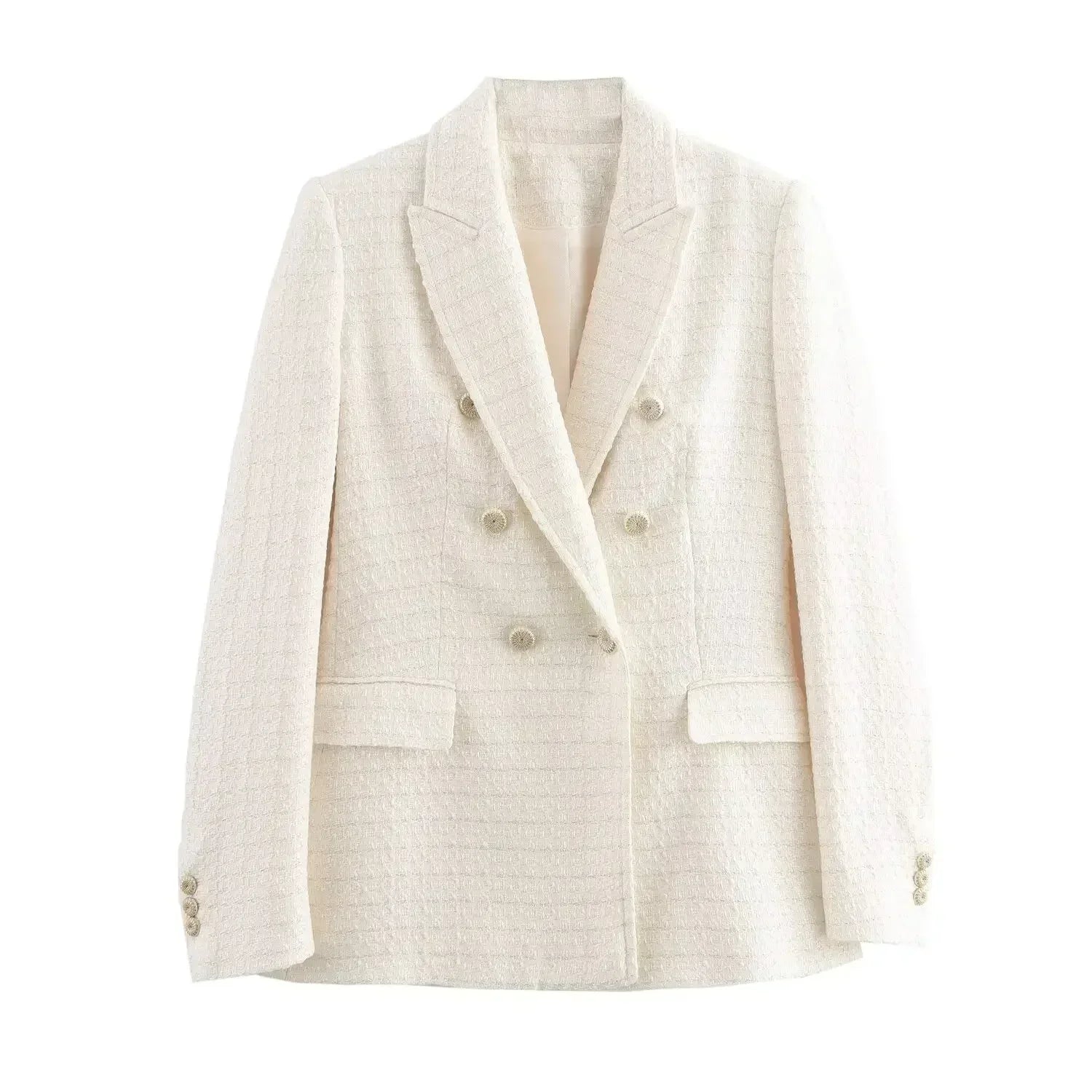 Ladies' new fashion Flip decoration slim double breasted Tweed Check textured suit coat retro long sleeved women's coat chic top