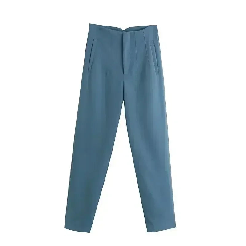 Women's Summer New Chic Fashion Side Pocket Decoration Casual Striped Pants Retro High Rope Zipper Women's Ankle Pants Mujer