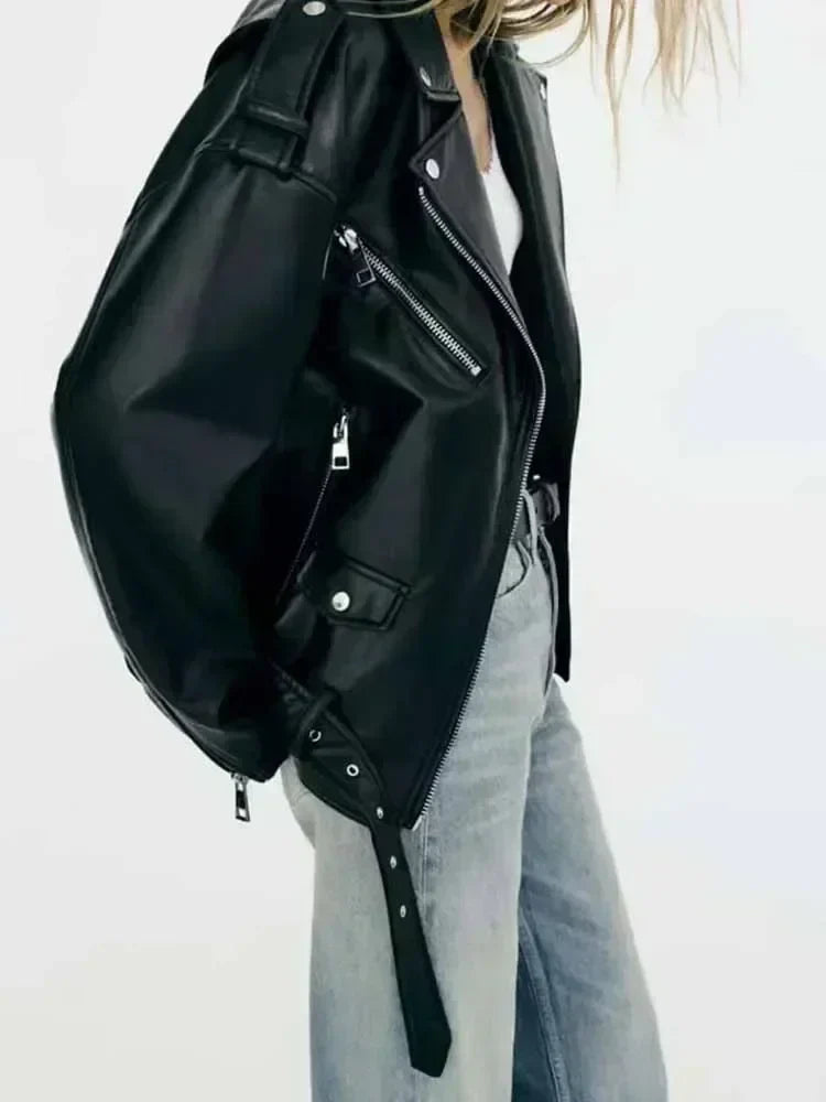 Women 2023 New Fashion With belt Loose Faux leather Locomotive style Jacket Coat Vintage Long Sleeve Female Outerwear Chic