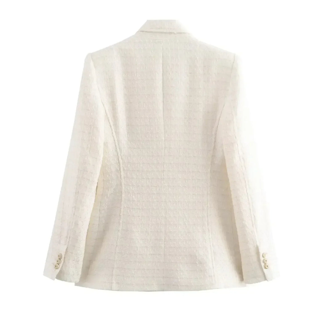 Ladies' new fashion Flip decoration slim double breasted Tweed Check textured suit coat retro long sleeved women's coat chic top