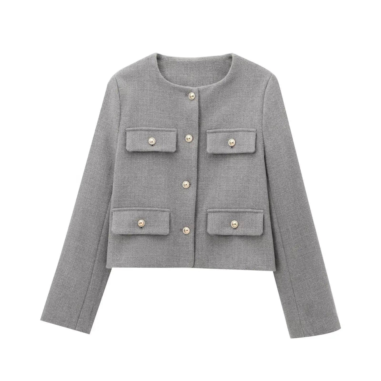 Women's 2024 New Fashion Flip Decoration Short Texture O Neck Suit Coat Vintage Long sleeved Button up Women's Coat Chic Top