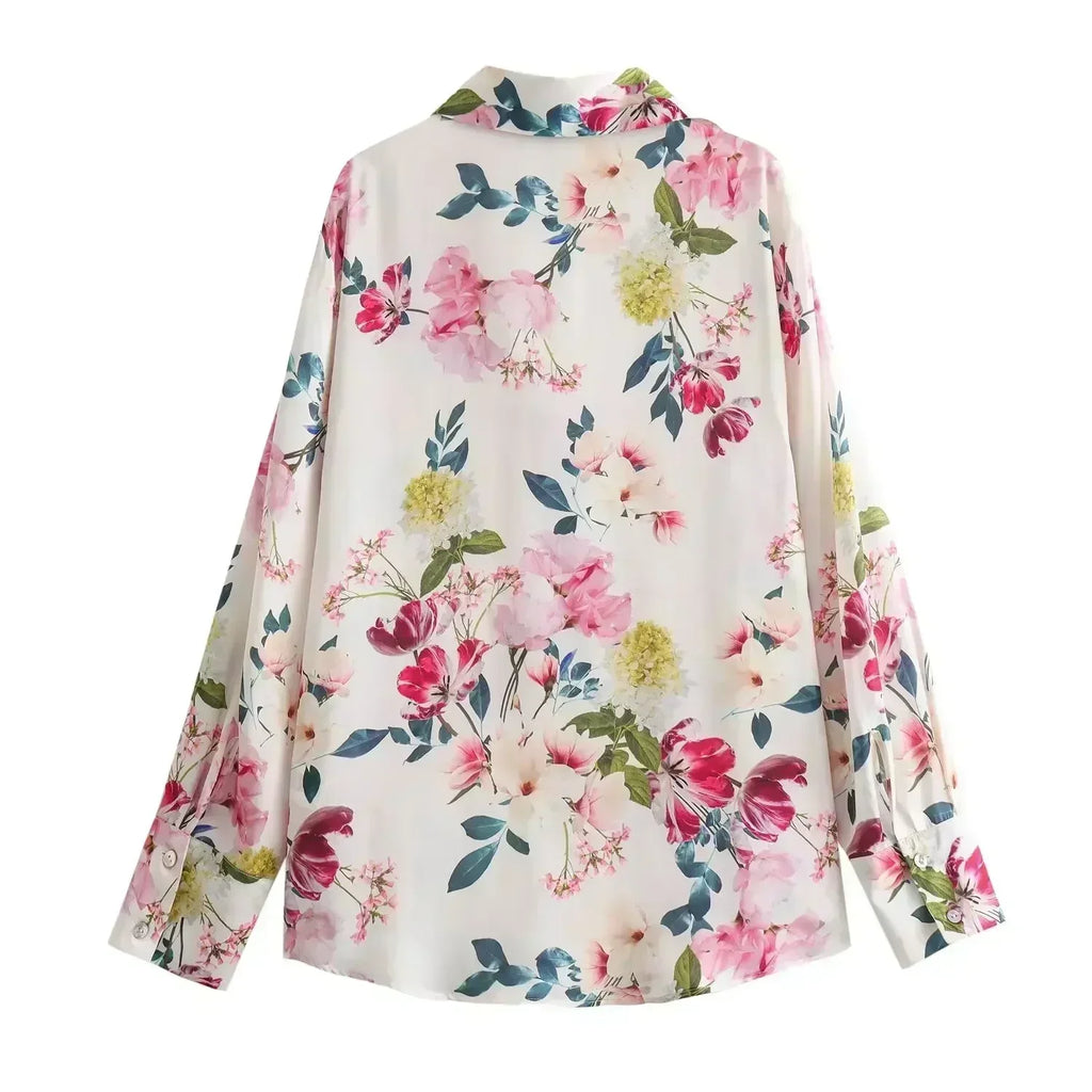 Women's new fashion loose satin texture shirt casual floral print shirt retro long sleeved Button up women's shirt chic top