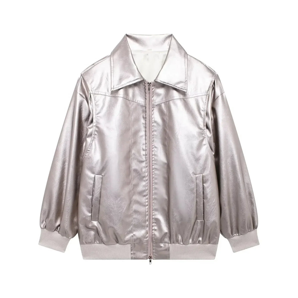Women's new Fashion loose side pocket casual imitation leather jacket coat retro lapel long sleeved women's coat chic top