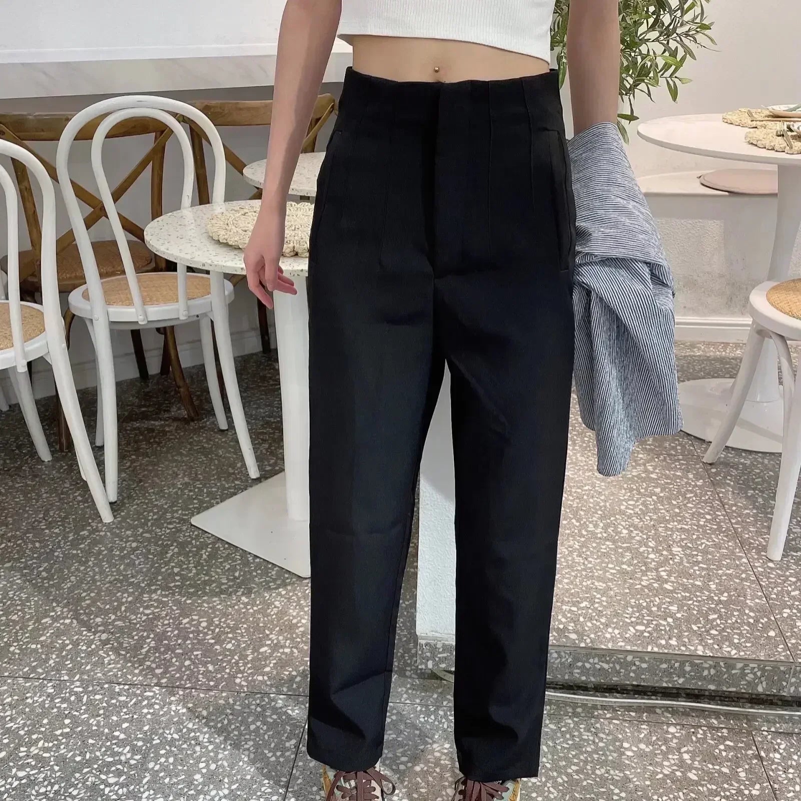 Women's Summer New Chic Fashion Side Pocket Decoration Casual Striped Pants Retro High Rope Zipper Women's Ankle Pants Mujer