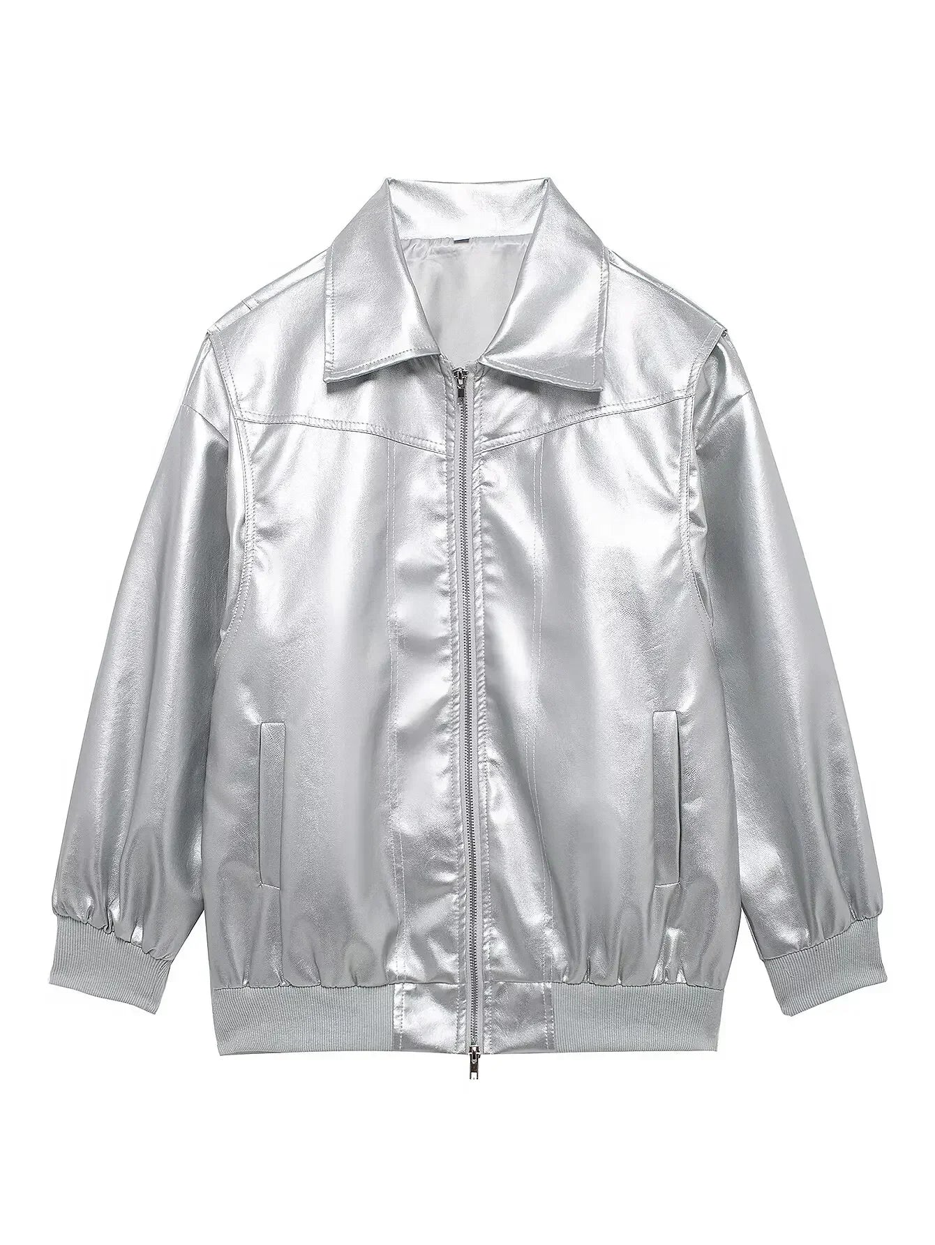 Women's new Fashion loose side pocket casual imitation leather jacket coat retro lapel long sleeved women's coat chic top