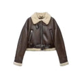 Women's new fashion Loose casual hort double-sided Fur Faux Leather jacket coat retro long sleeved zipper women's coat