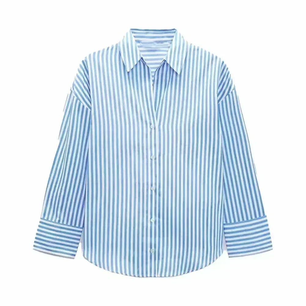 Women 2023 spring New Fashion Multicolor stripe Silk satin texture hang down Blouses Long Sleeve Button-up Female Shirts