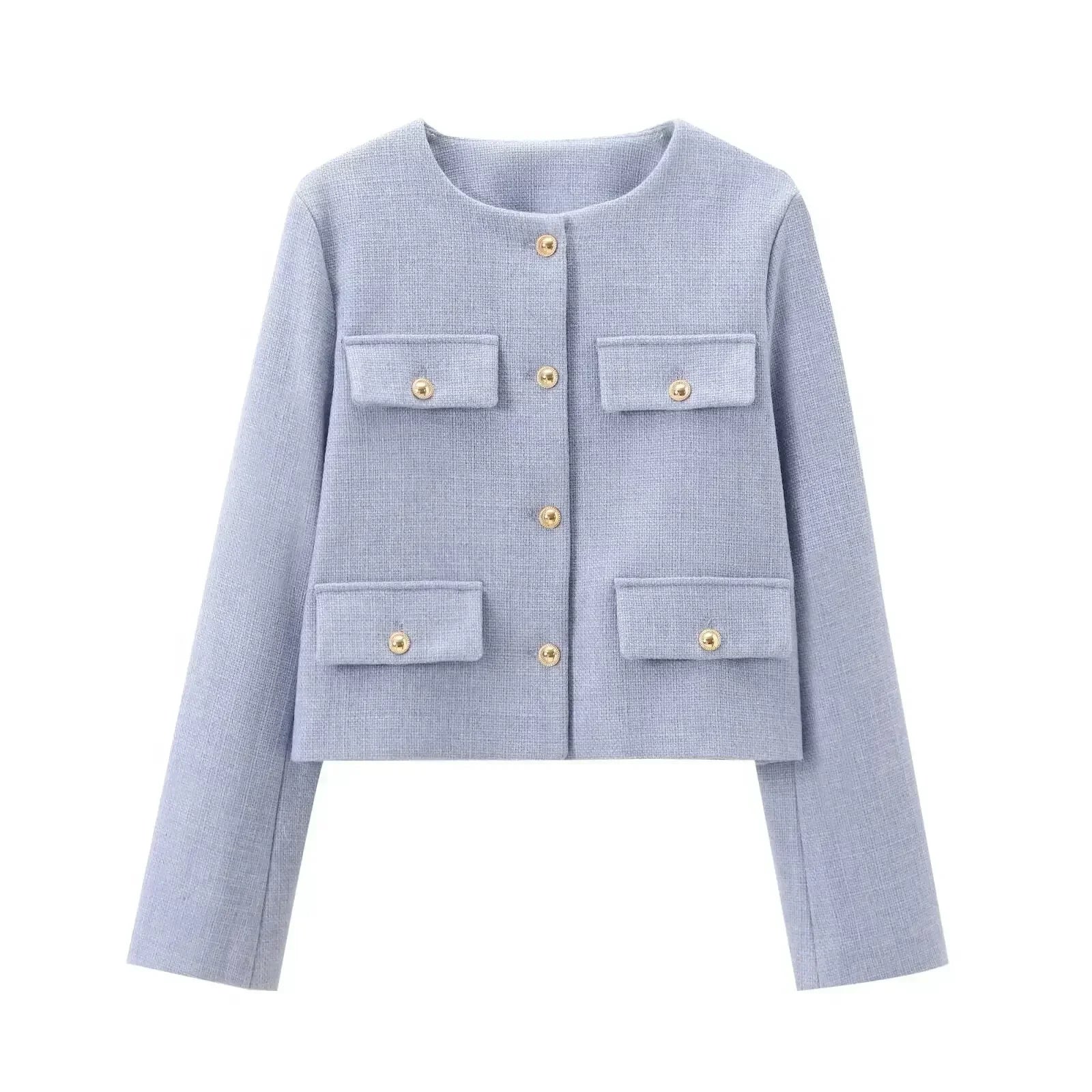 Women's 2024 New Fashion Flip Decoration Short Texture O Neck Suit Coat Vintage Long sleeved Button up Women's Coat Chic Top
