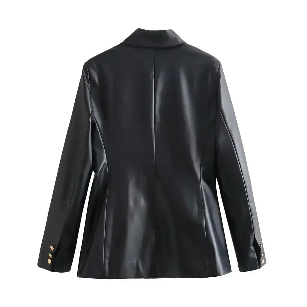 Women's 2024 New Fashion Flip Decoration Casual Double breasted PU Leather Suit Coat Retro Long sleeved Women's Coat